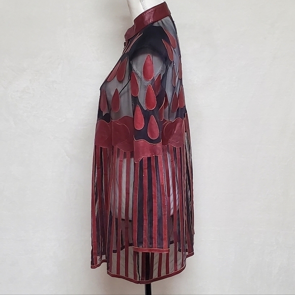 VINTAGE Stillman Studio Cognac Lamb Leather Teardrop Stripe Mesh Mini Dress Med - Picture 7 of 13